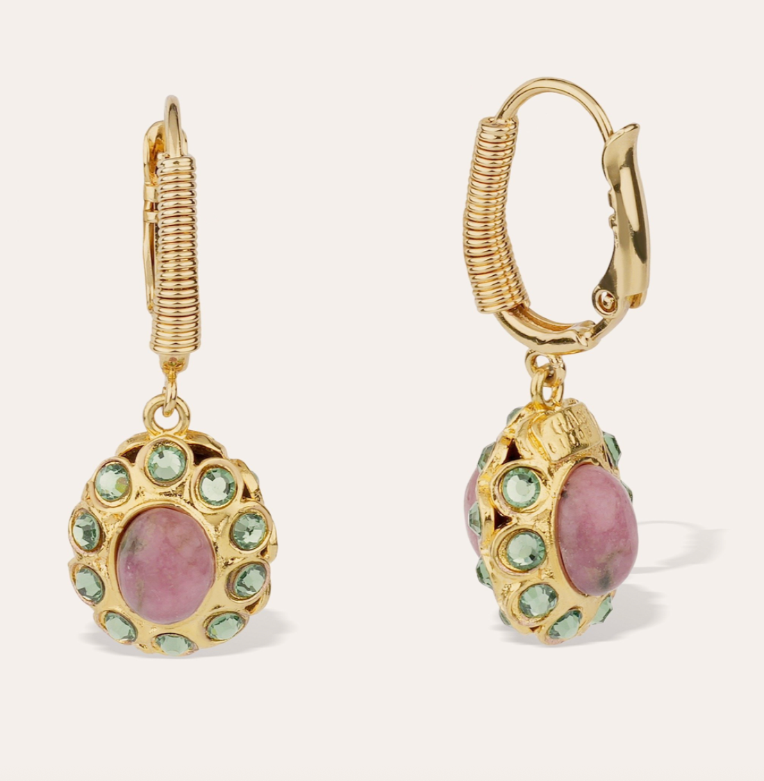 GAS BIJOUX - Boucles d’oreilles TAO SPLASH dorées à l’or fin - Rhodonite et cristaux de Swarovski verts