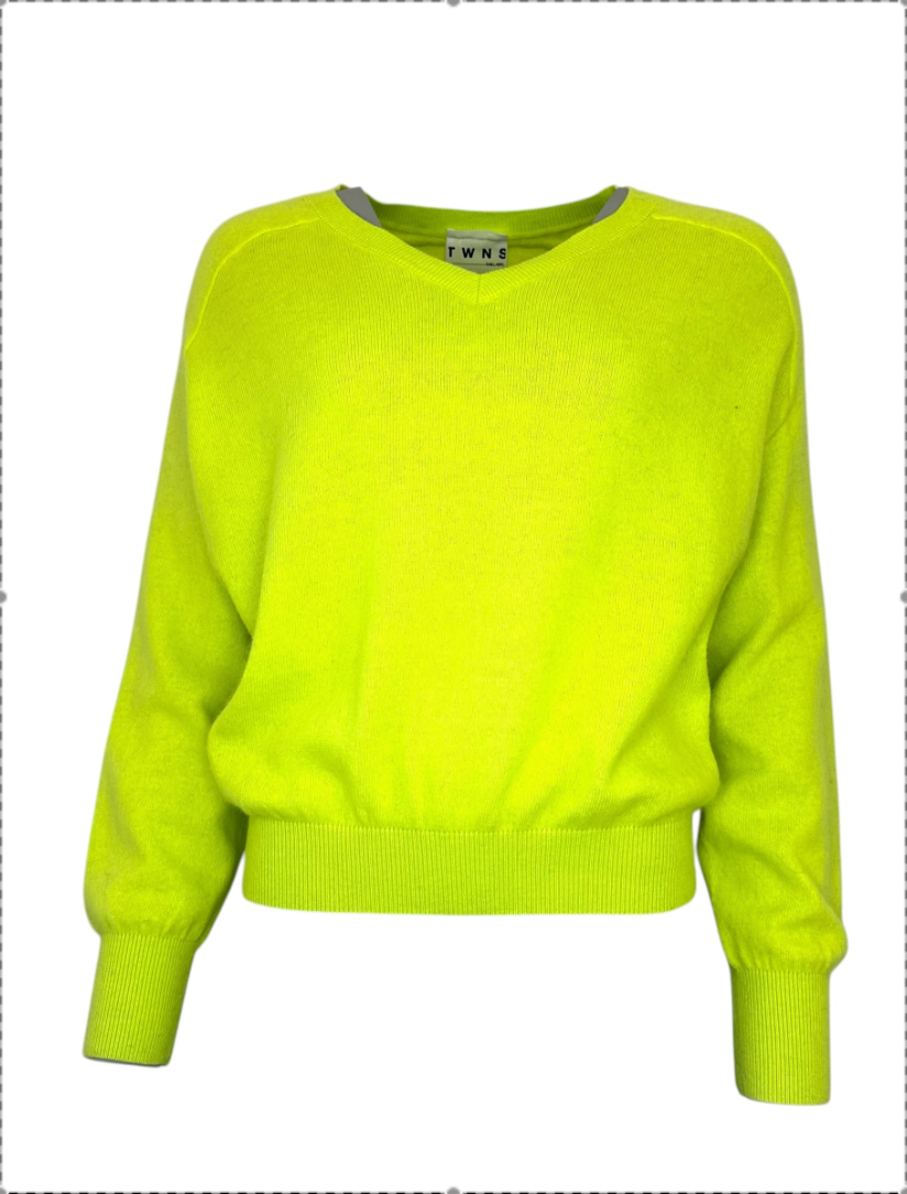 TWINS - PULL col V manches longues resserrées - KN 2408 - JAUNE FLUO