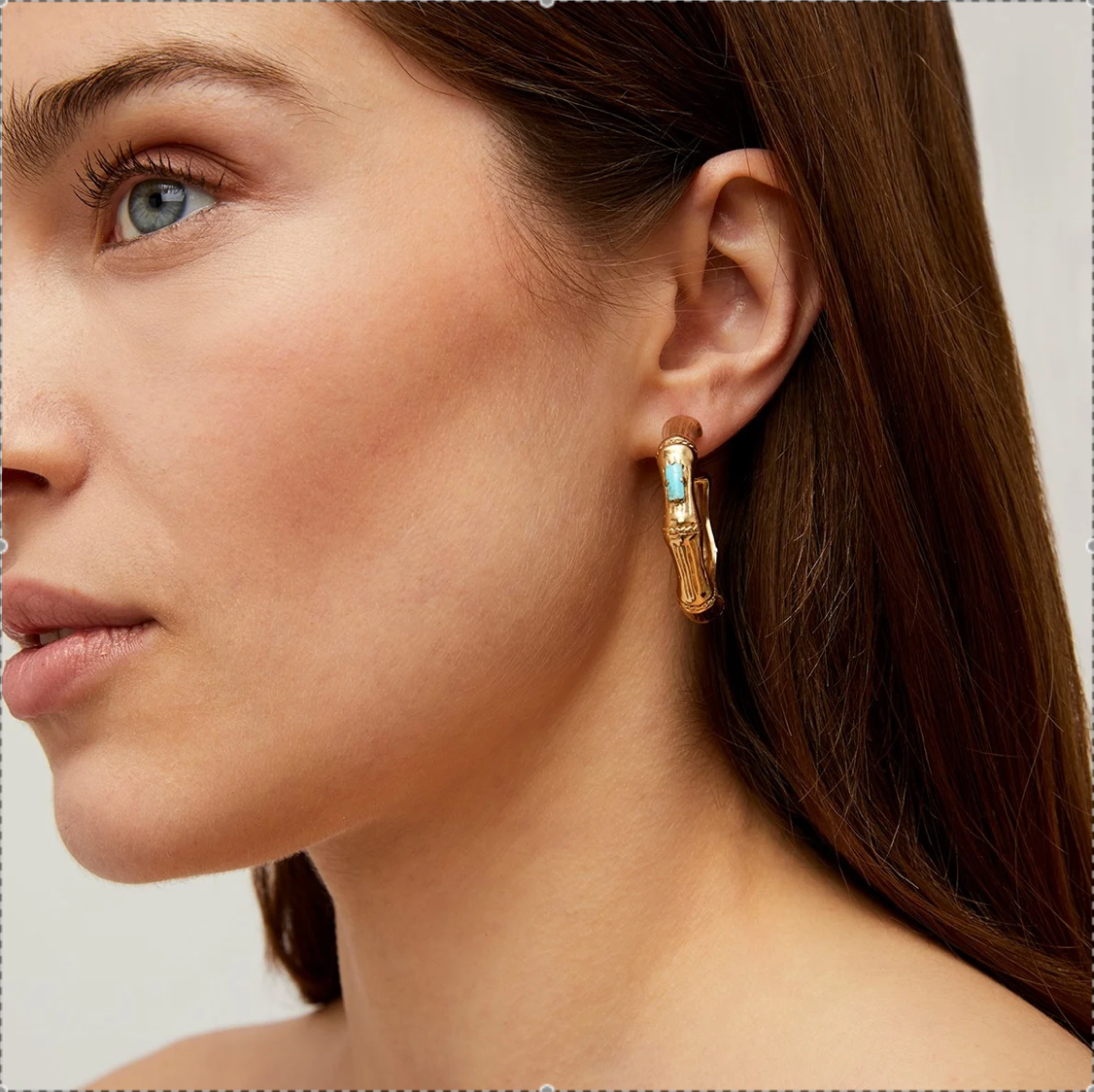 GAS BIJOUX - Boucles d'oreilles BAMBOU strass petit modèle dorées à l'or fin - Turquoise