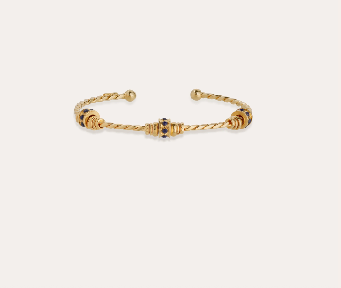 GAS BIJOUX - Bracelet jonc TORSADE 3 strass bleu marine petit modèle dorée à l'or fin