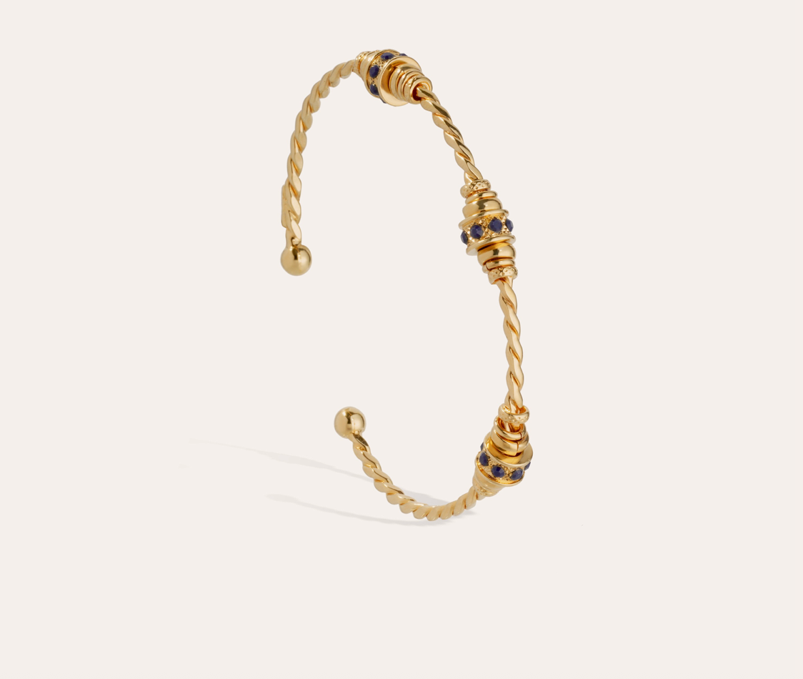 GAS BIJOUX - Bracelet jonc TORSADE 3 strass bleu marine petit modèle dorée à l'or fin