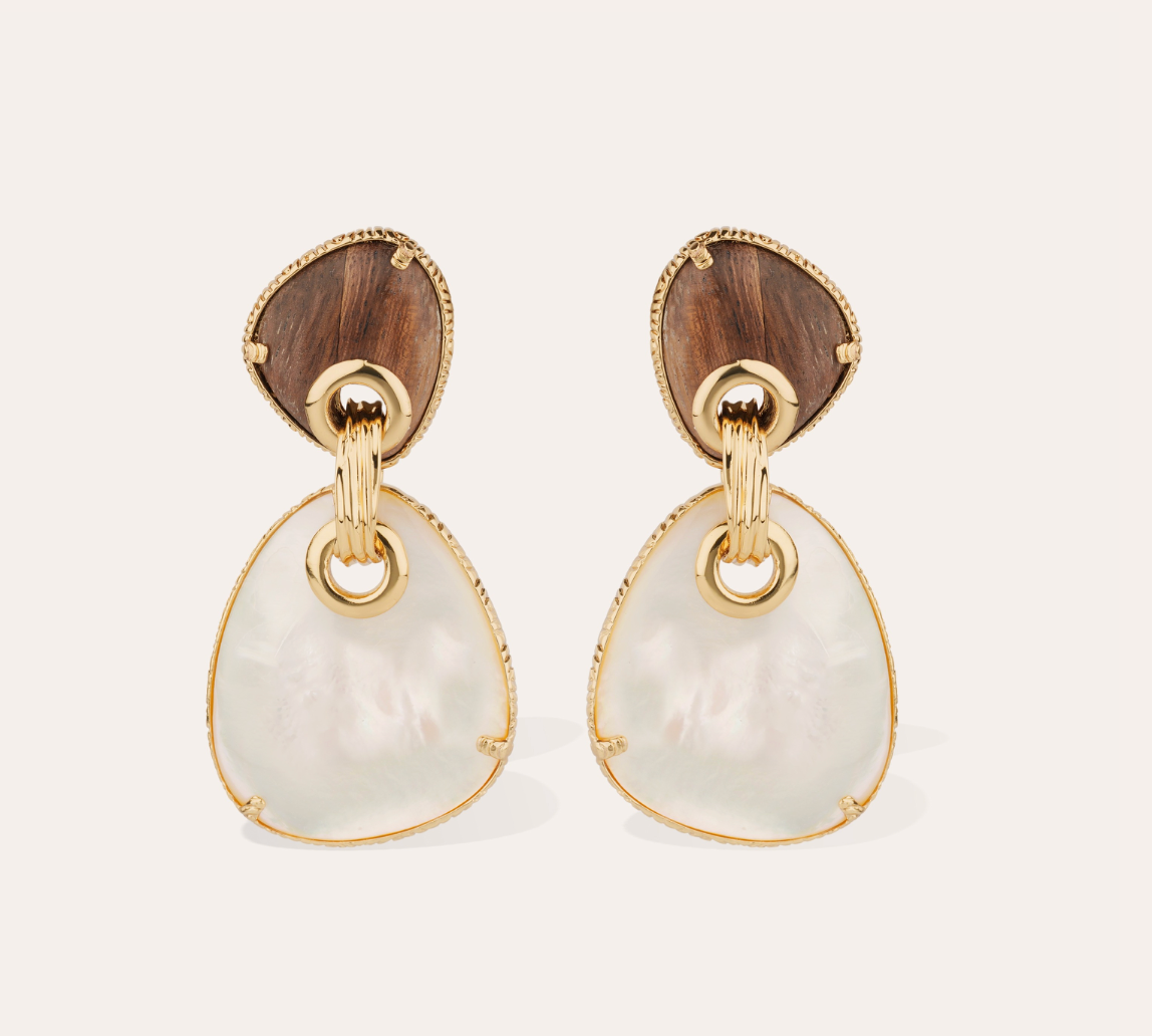GAS BIJOUX - Boucles d'oreilles SILIA grand modèle dorées à l'or fin avec bois et nacre - Tiges droites