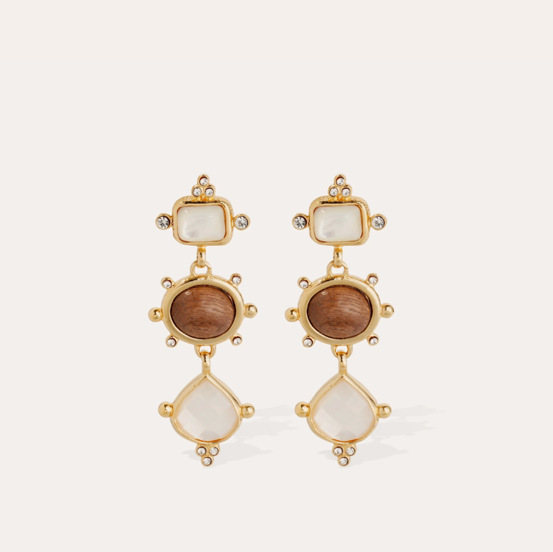 GAS BIJOUX - Boucles d'oreilles TIKI 3 rangs dorées à l'or fin - Nacre et bois