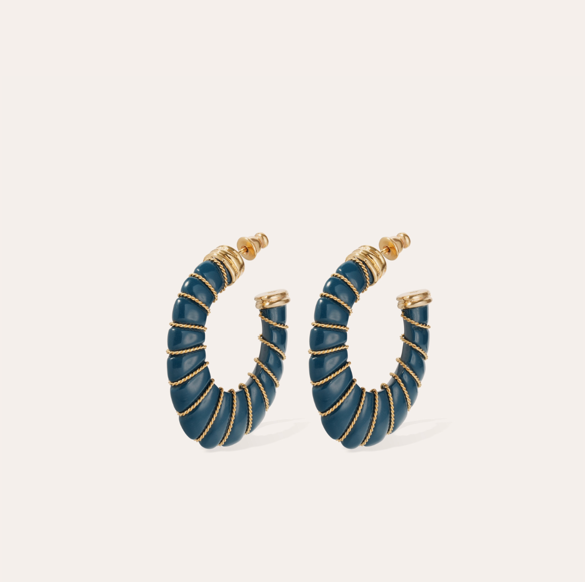 GAS BIJOUX - Boucles d'oreilles CYCLADE petit modèle acétate dorées à l'or fin et bleu marine