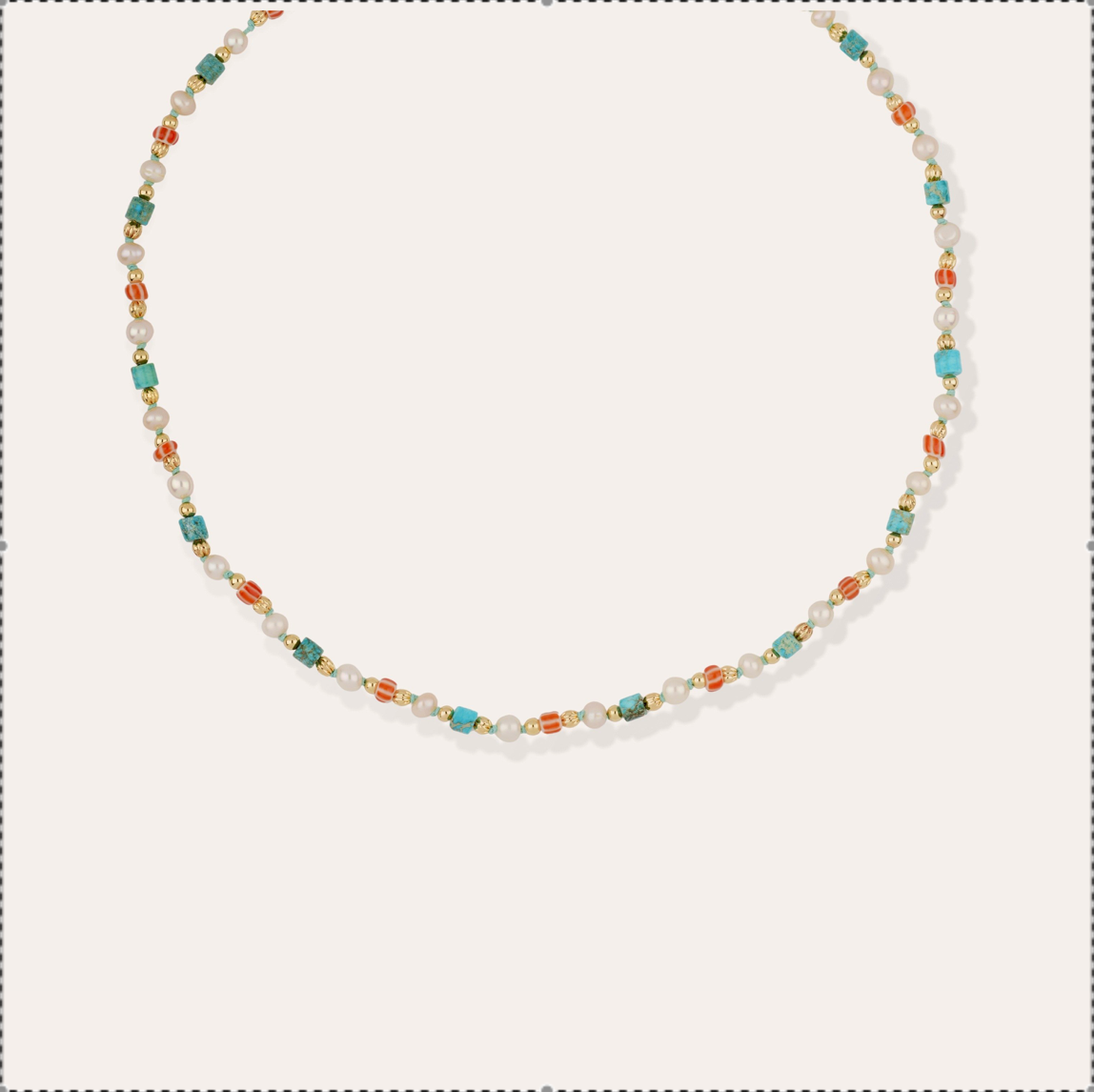 GAS BIJOUX - Collier ALEX doré à l'or fin - Turquoise et perles de culture