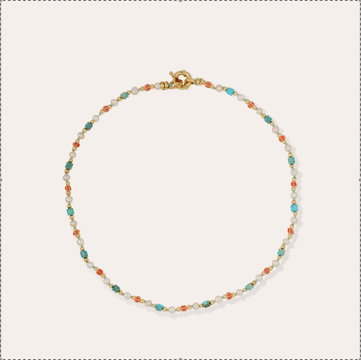 GAS BIJOUX - Collier ALEX doré à l'or fin - Turquoise et perles de culture