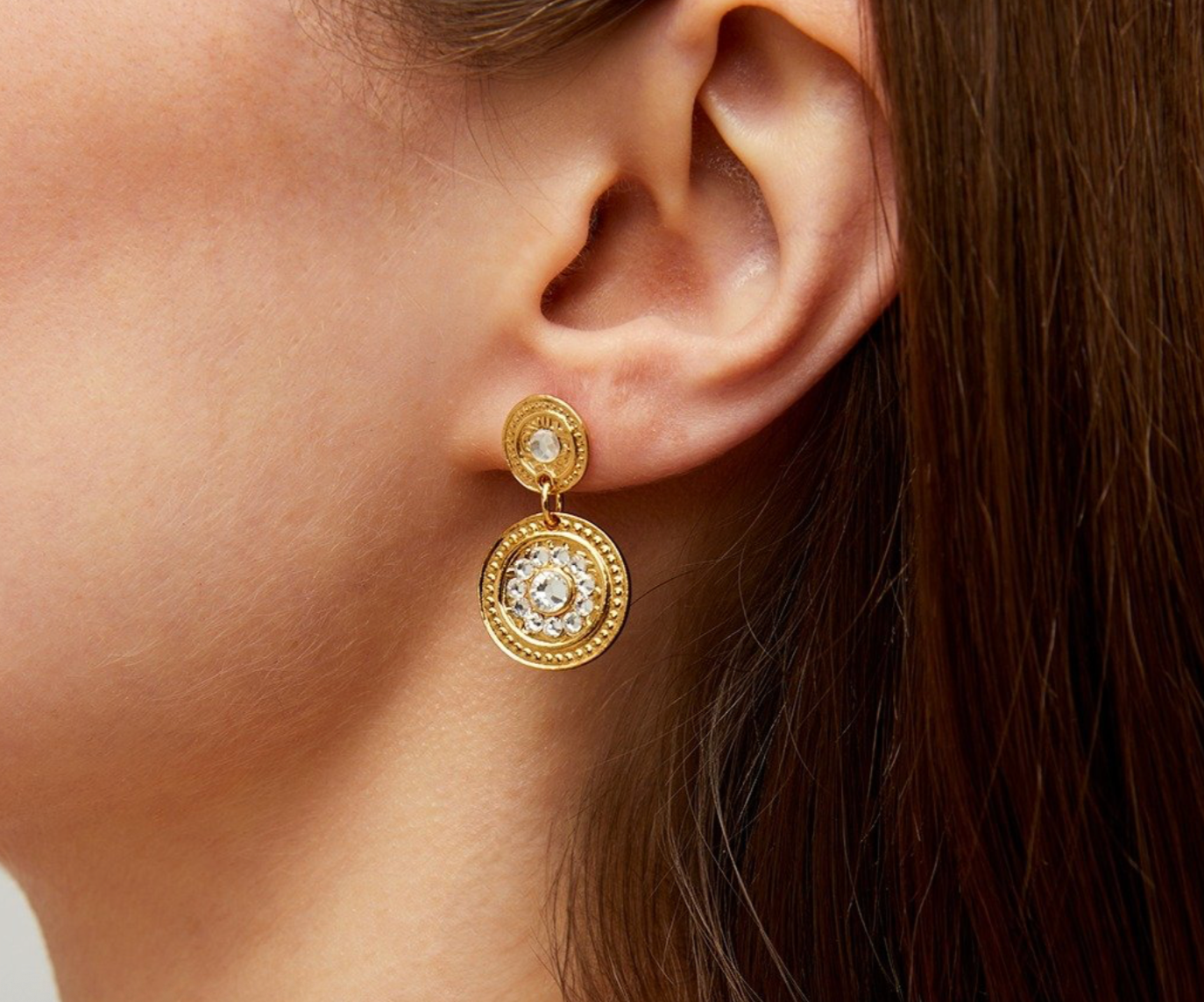 GAS BIJOUX - Boucles d'oreilles SEQUINS dorées à l'or fin - Cristaux blancs