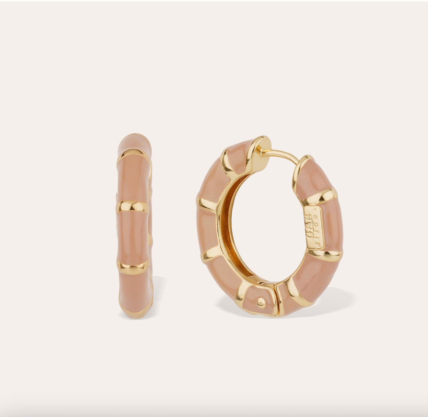 GAS BIJOUX - Boucles d'oreilles créoles BAMBOU mini dorées à l'or fin émail vieux rose