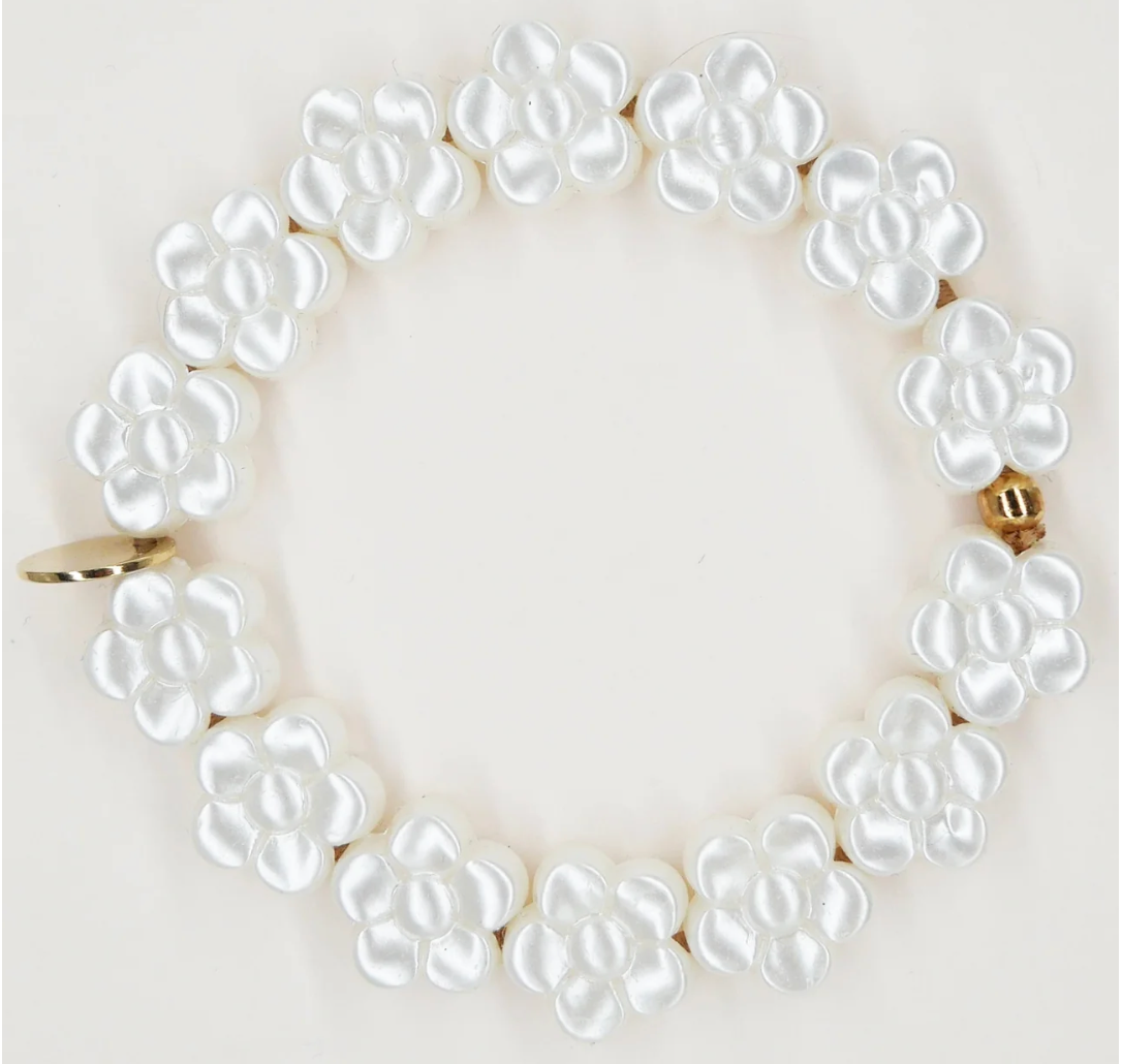 SCRUNCHIE IS BACK - BICHOU Bracelet perles nacrées fleurs - Chouchou Discret Acier Inoxydable - Élastique Cheveux Ultra Résistant - Fabriqué en France