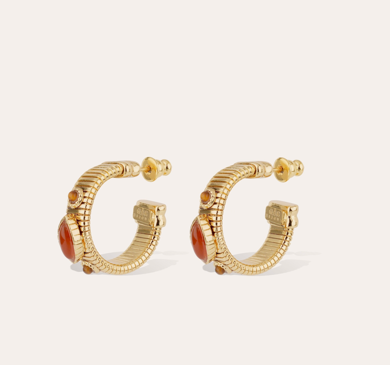 GAS BIJOUX - Boucles d'oreilles créoles STRADA dorées à l'or fin - Cornaline et oeil de tigre