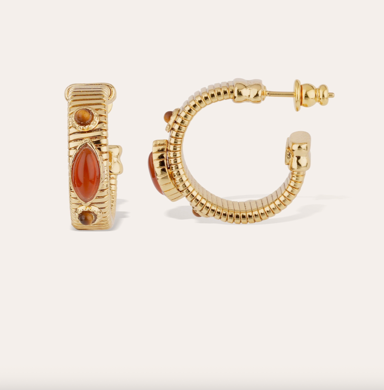 GAS BIJOUX - Boucles d'oreilles créoles STRADA dorées à l'or fin - Cornaline et oeil de tigre