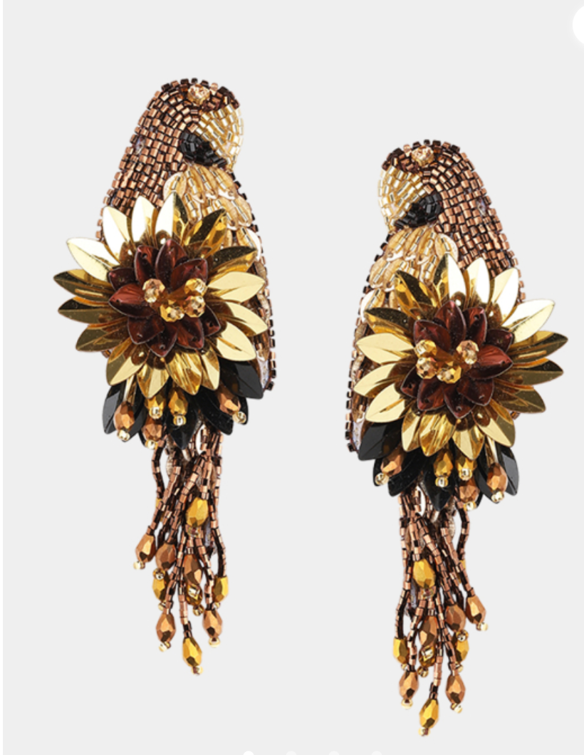 OLIVIA DAR - Boucles d'oreilles PARROT oiseaux brodées en perles bronze