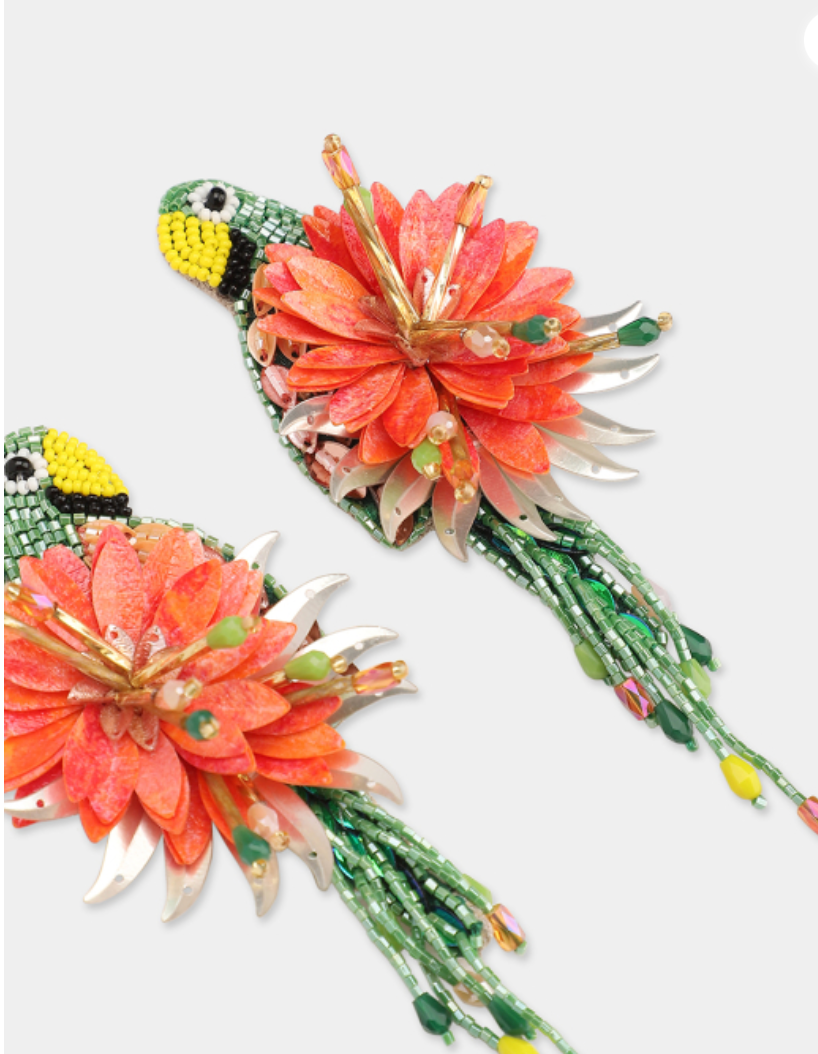 OLIVIA DAR - Boucles d'oreilles PARROT oiseaux brodées en perles kaki