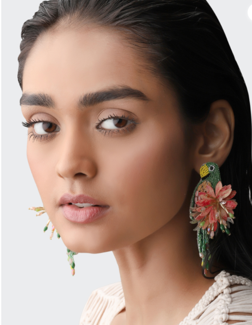 OLIVIA DAR - Boucles d'oreilles PARROT oiseaux brodées en perles kaki