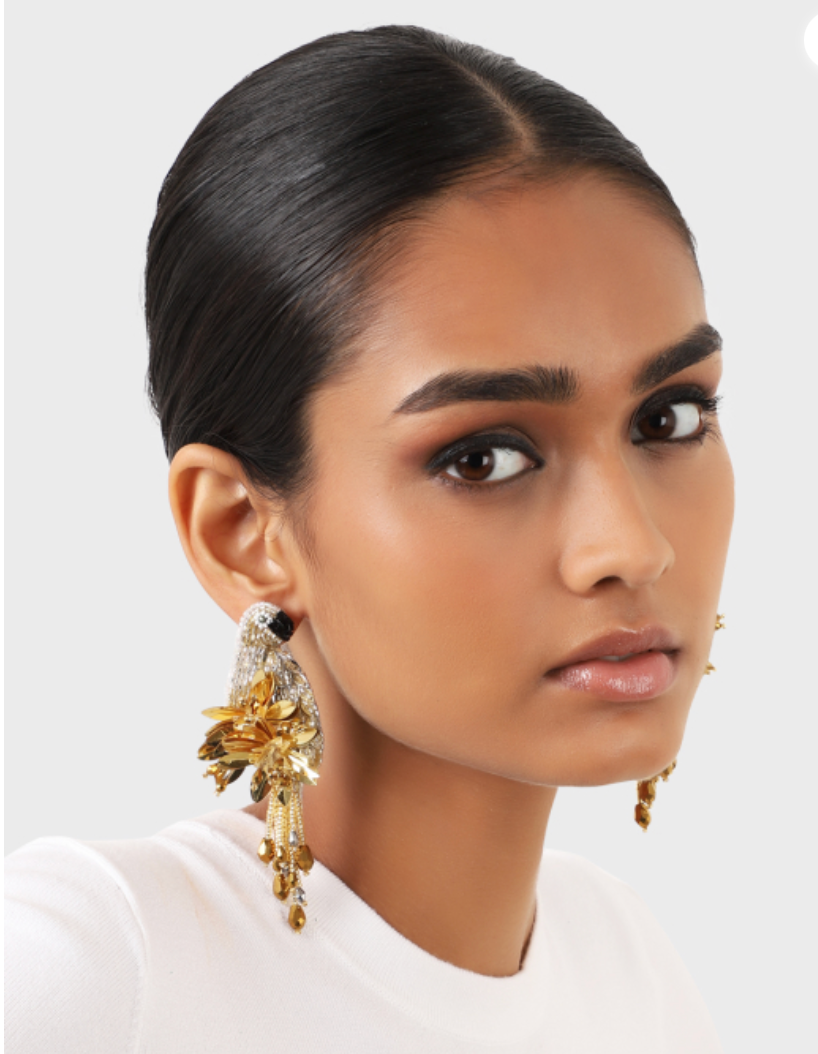 OLIVIA DAR - Boucles d'oreilles PARROT oiseaux brodées en perles or