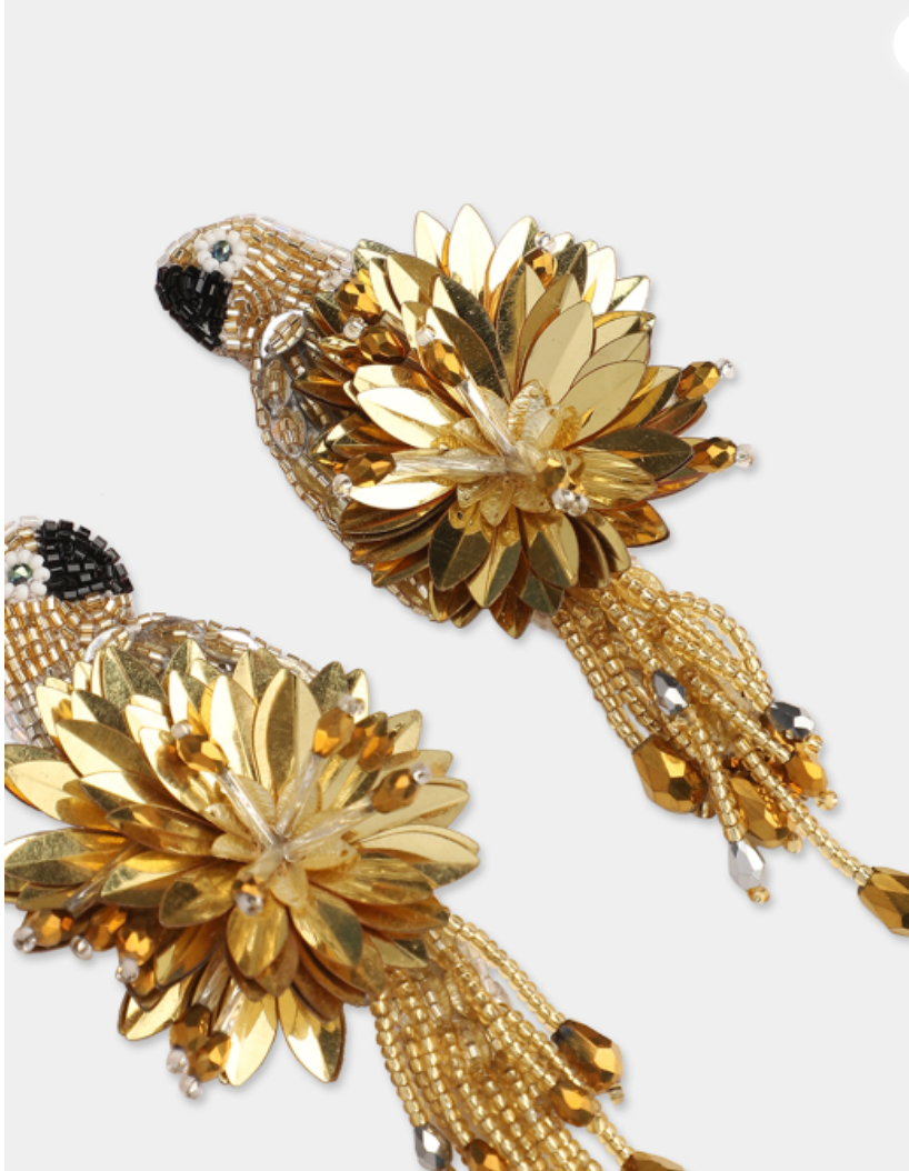 OLIVIA DAR - Boucles d'oreilles PARROT oiseaux brodées en perles or
