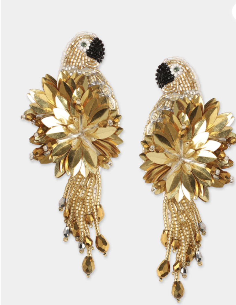 OLIVIA DAR - Boucles d'oreilles PARROT oiseaux brodées en perles or