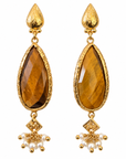 GAS BIJOUX - BOUCLES D'OREILLES SERTI GOUTTE - PETIT MODELE - OEIL DE TIGRE - MÉTAL DORÉ