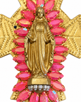 AZAFRAN ROSA - EX-VOTO DORÉ, CRISTAUX ROSES ET VIERGE MARIE DORÉE