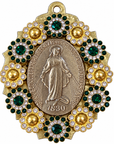 AZAFRAN ROZA - MÉDAILLON EX VOTO - VIERGE DORÉE ET CRISTAUX VERTS