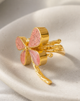 GAS BIJOUX - BAGUE LIBELLULA DORÉE - RHONODITE ET QUARTZ ROSE - AJUSTABLE