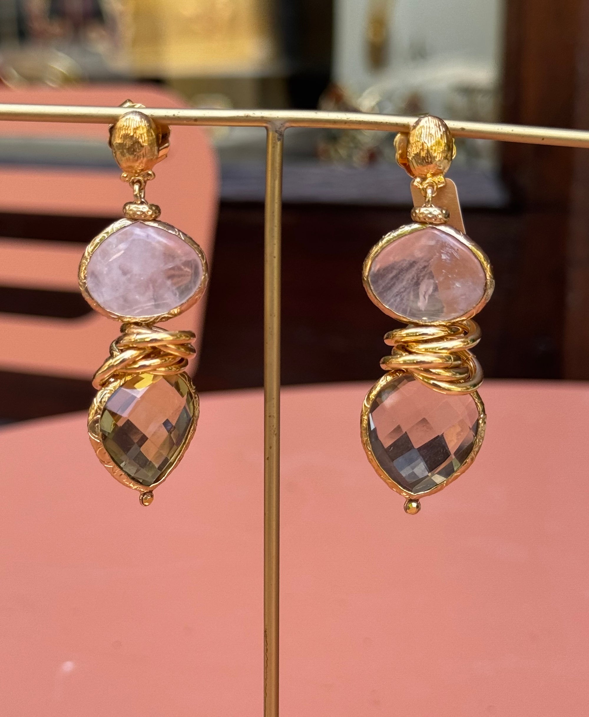 GAS BIJOUX - Boucles d'oreilles SIRENA 2.0 dorées à l'or fin - Quartz rose et quartz fumé