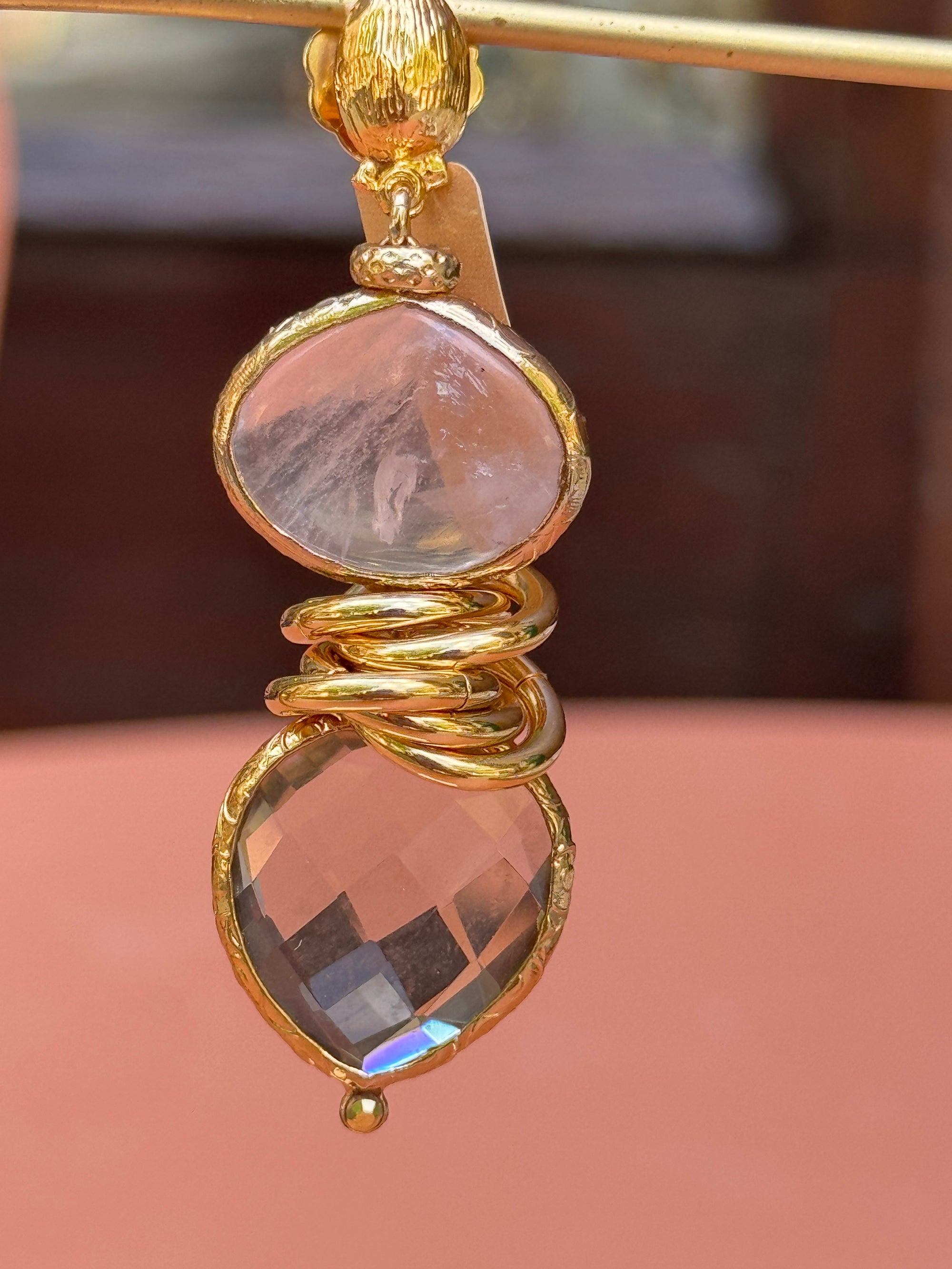 GAS BIJOUX - Boucles d'oreilles SIRENA 2.0 dorées à l'or fin - Quartz rose et quartz fumé