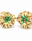 GAS BIJOUX - BOUCLES D'OREILLES PENSEE DORÉES CLIPS - ÉMAIL VERT ET CRISTAUX MARINE