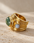 GAS BIJOUX - BAGUE SIMONE DORÉE - AGATE MOUSSE ET CALCEDOINE BLEUE - TAILLE M
