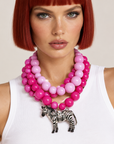 COLLECTION TOPAZE - COLLIER XXL GROSSES PERLES ROSES ET PENDENTIF ZEBRE