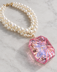 COLLECTION TOPAZE - COLLIER XXL - PERLES ET TRES GROS CABOCHON ACÉTATE CRISTAL ROSE