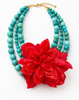 COLLECTION TOPAZE - COLLIER XXL - TURQUOISE ET FLEUR AMOVIBLE ROUGE
