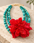 COLLECTION TOPAZE - COLLIER XXL - TURQUOISE ET FLEUR AMOVIBLE ROUGE