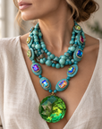COLLECTION TOPAZE - COLLILER XXL - PERLES TURQUOISE - CABOCHONS MULTICOLORE - CABOCHON BIG ACETATE FACETTE VERT