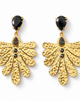 JORGINA - BOUCLES D'OREILLES DORÉES FORME FEUILLES AVEC CABOCHON CRISTAL NOIR
