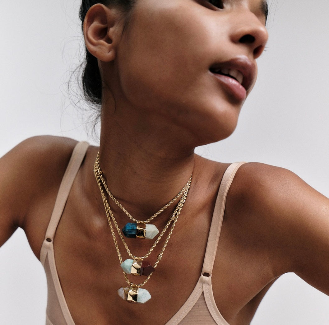 GAS BIJOUX - Collier AVENTURINE grand modèle doré - Apatite bleu et amazonite