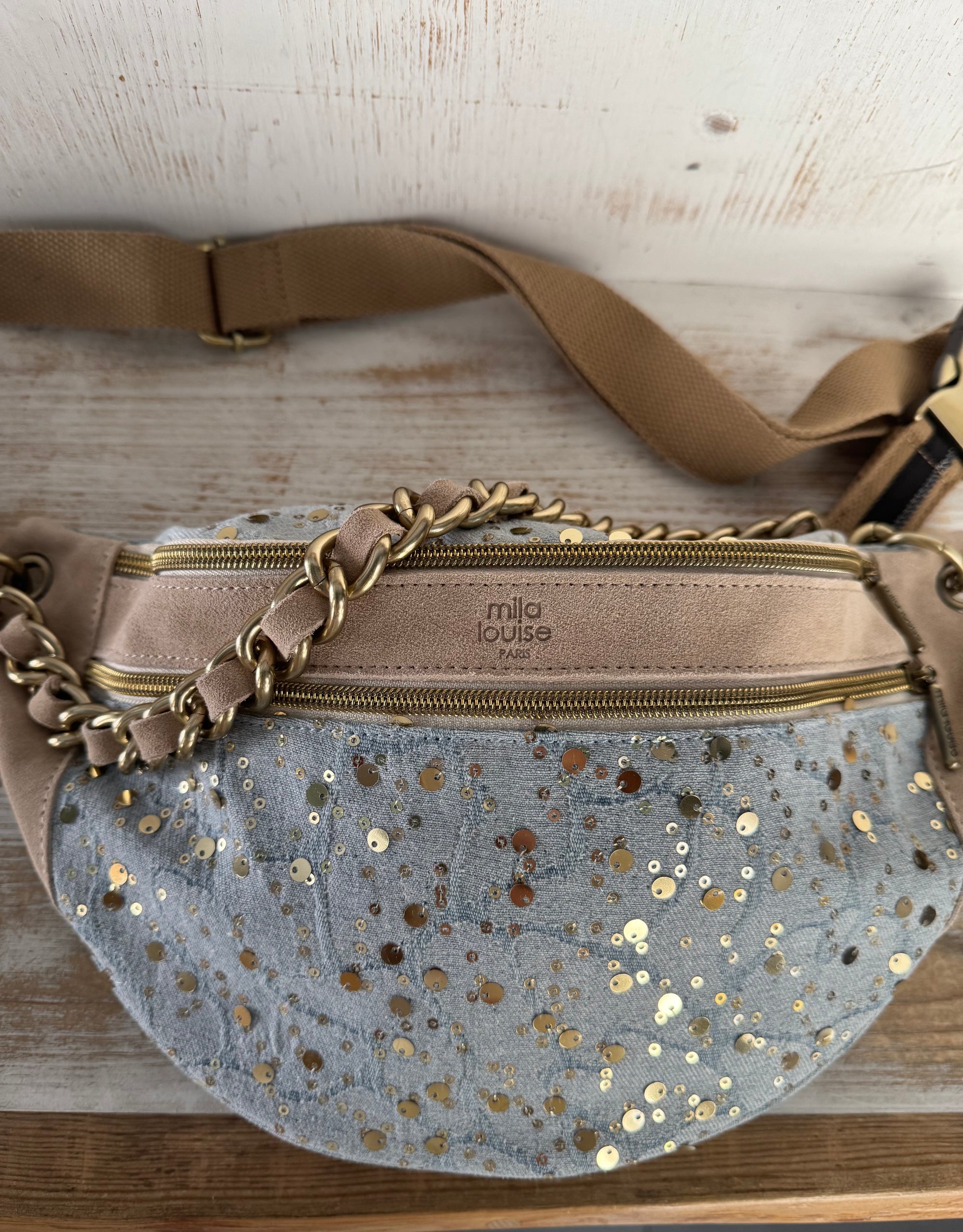 MILA LOUISE - Sac banane PETRA M JN - cuir beige et jean bleu clair