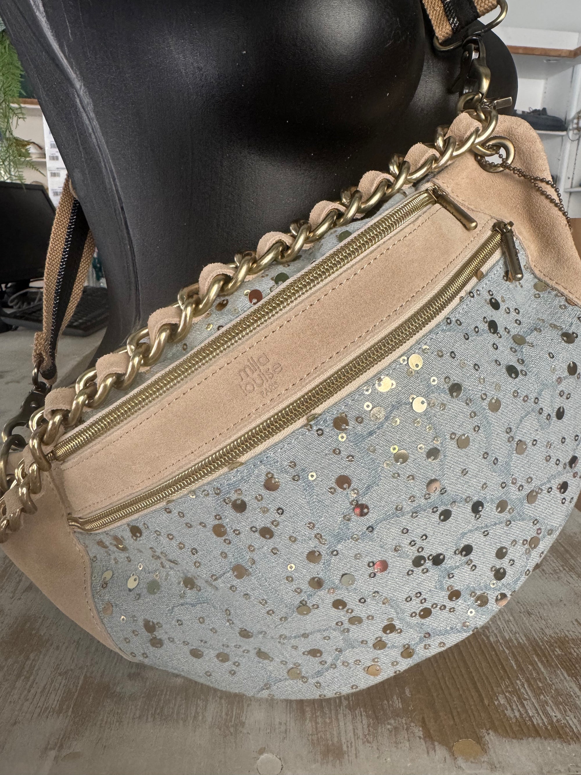 MILA LOUISE - Sac banane PETRA M JN - cuir beige et jean bleu clair