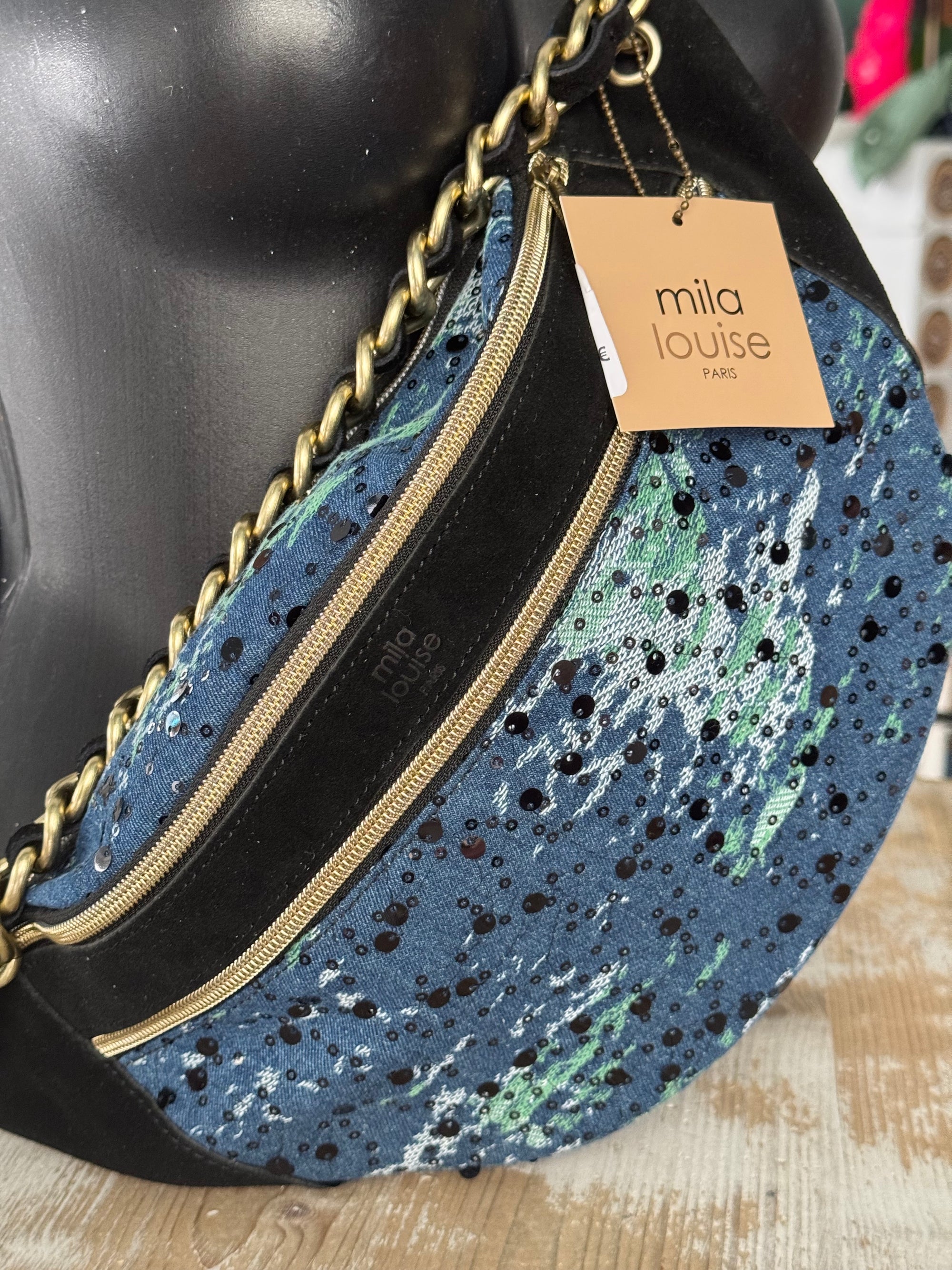 MILA LOUISE - Sac banane PETRA M JN - cuir noir et jean bleu fonce