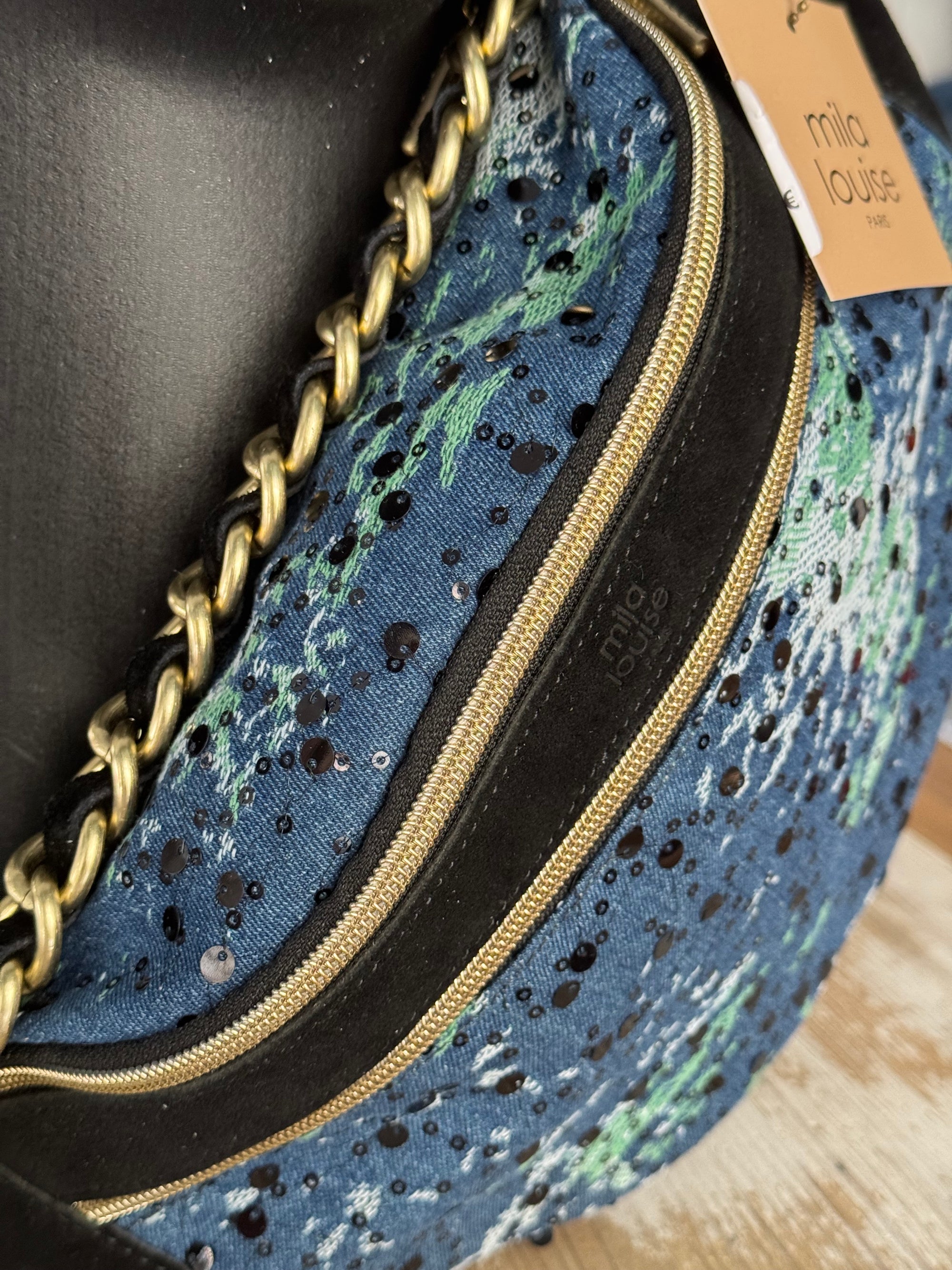 MILA LOUISE - Sac banane PETRA M JN - cuir noir et jean bleu fonce
