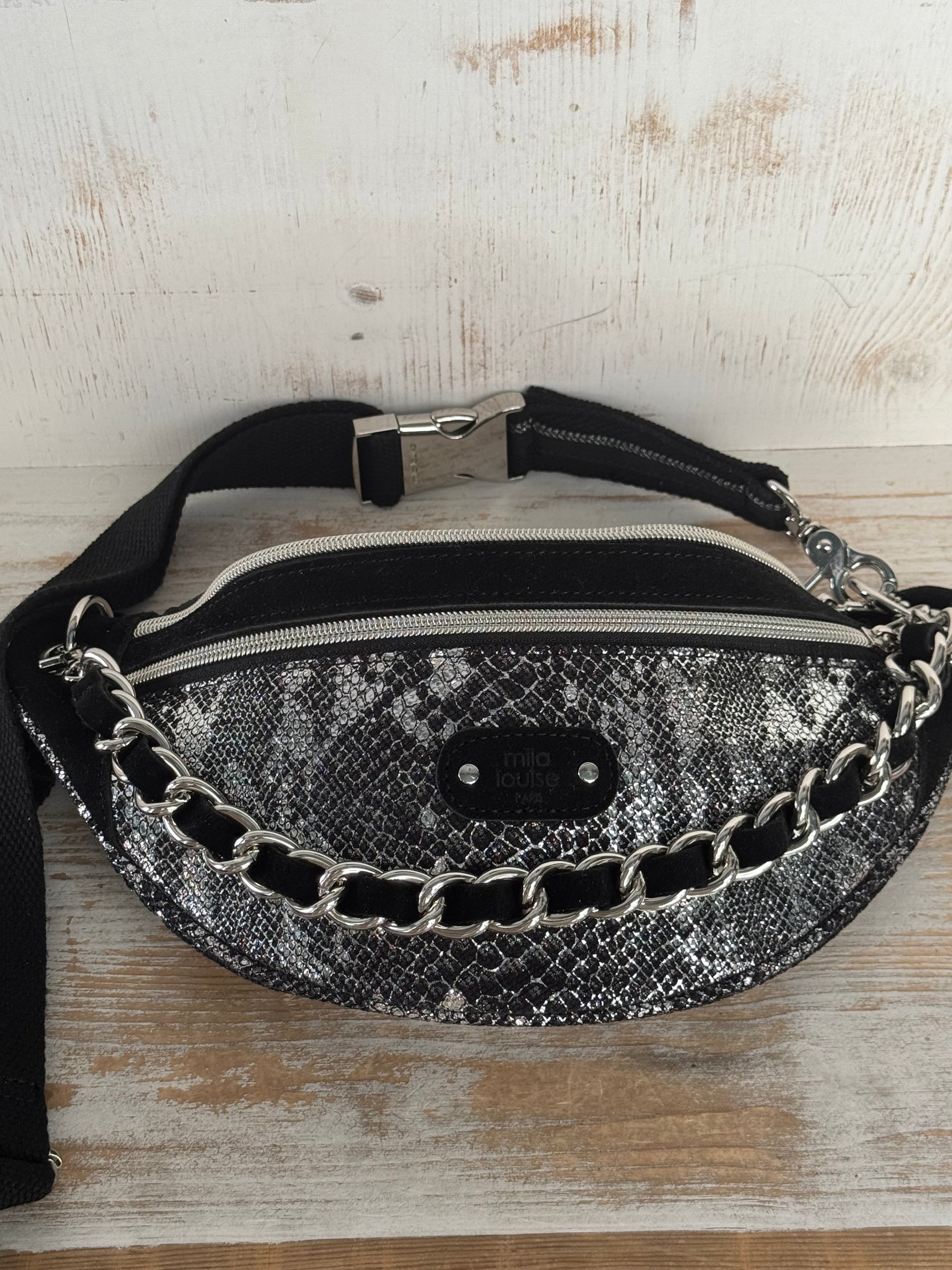 MILA LOUISE - Sac banane PETRA V4 - Cuir noir et doré