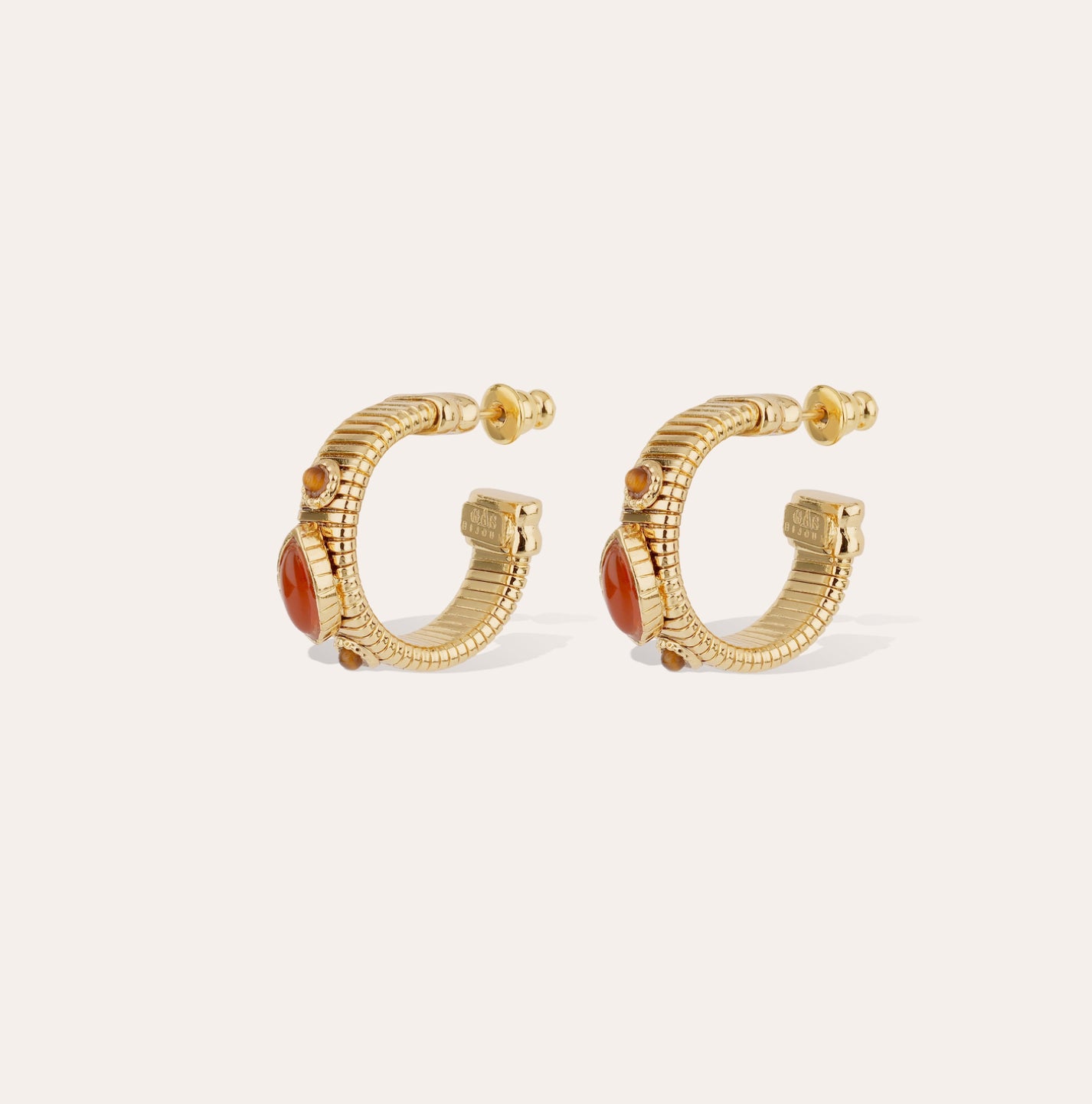 GAS BIJOUX - Boucles d’oreilles créoles STRADA mini dorées à l’or fin - Cornaline et œil de tigre
