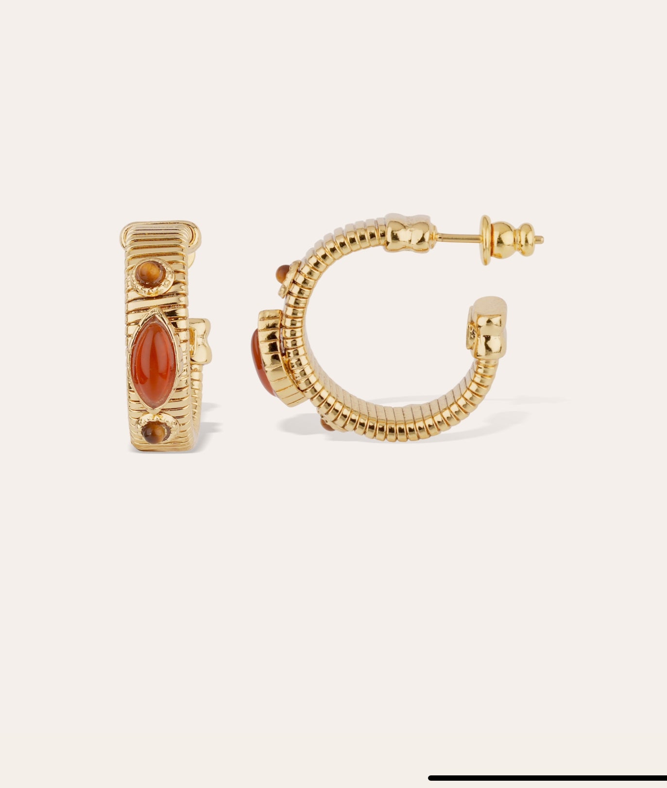 GAS BIJOUX - Boucles d’oreilles créoles STRADA mini dorées à l’or fin - Cornaline et œil de tigre