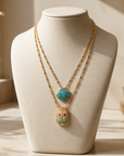 GAS BIJOUX - COLLIER SCAPULAIRE SERTI SCAPULAIRE DORÉ - EMAIL ET TURQUOISE