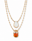 GAS BIJOUX - COLLIER SCAPULAIRE SERTI SCARABÉE DORÉ - EMAIL ORANGE ET BLANC ET NACRE BLANCE