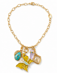 GAS BIJOUX - COLLIER CONSTANTINE DORÉ - PAPILLON VERT- JAUNE - PIERRE QUARTZ ET TURQUOISE