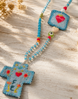 COLLECTION TOPAZE - SAUTOIR " CROIX FE" BLEU CIEL MULTICOLORE