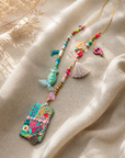COLLECTION TOPAZE - SAUTOIR " JARDIN FLEURI" VERT ET ROSE MULTICOLORE