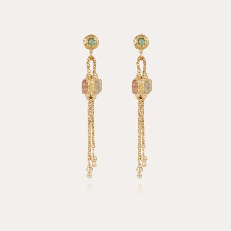 GAS BIJOUX - Boucles d'oreilles Serti Talisman grand modèle, Amazonite, Hématoîde jaune et rouge, Fluorine et Quartz rose