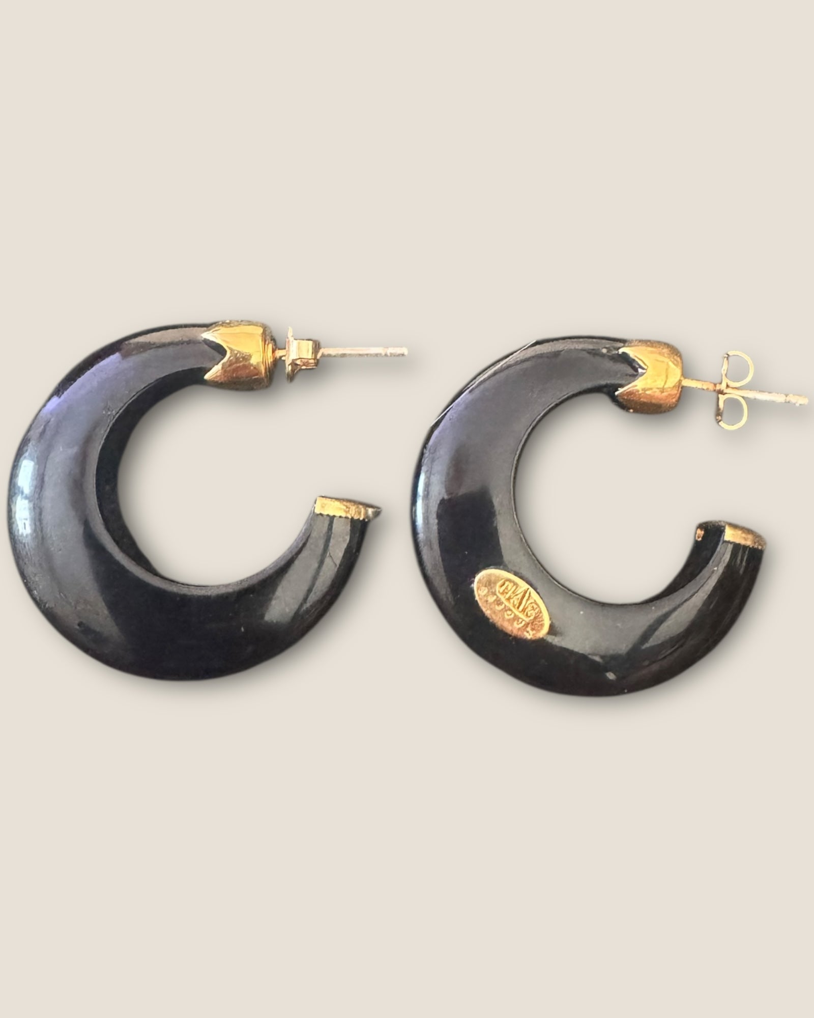 GAS BIJOUX - Boucles d'oreilles créoles ABALONE mini acétate dorées à l' or fin - Noir